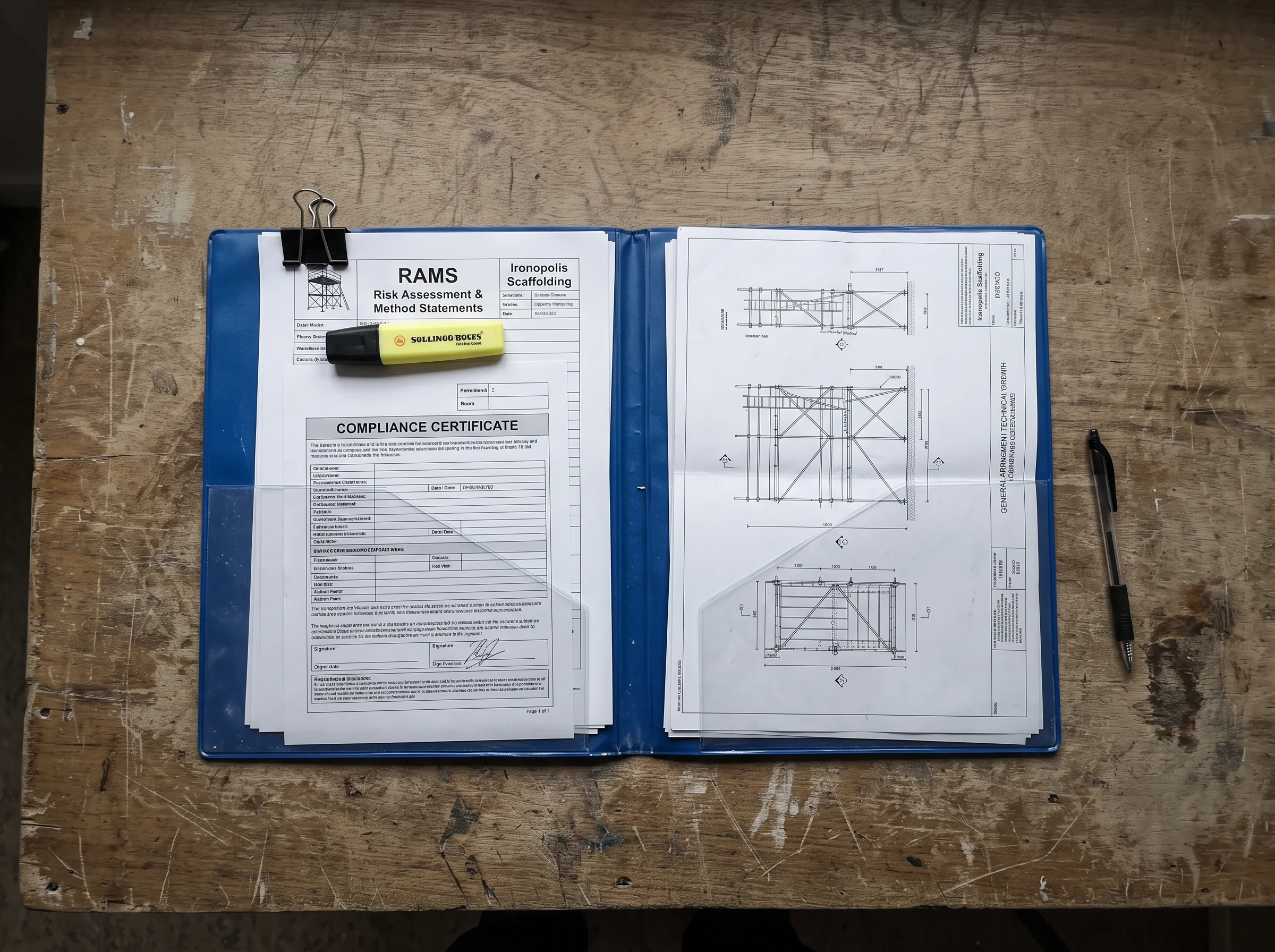 A blue folder containing RAMS, compliance certificate, and technical drawings rests on a wooden table alongside a yellow highlighter and a black pen.