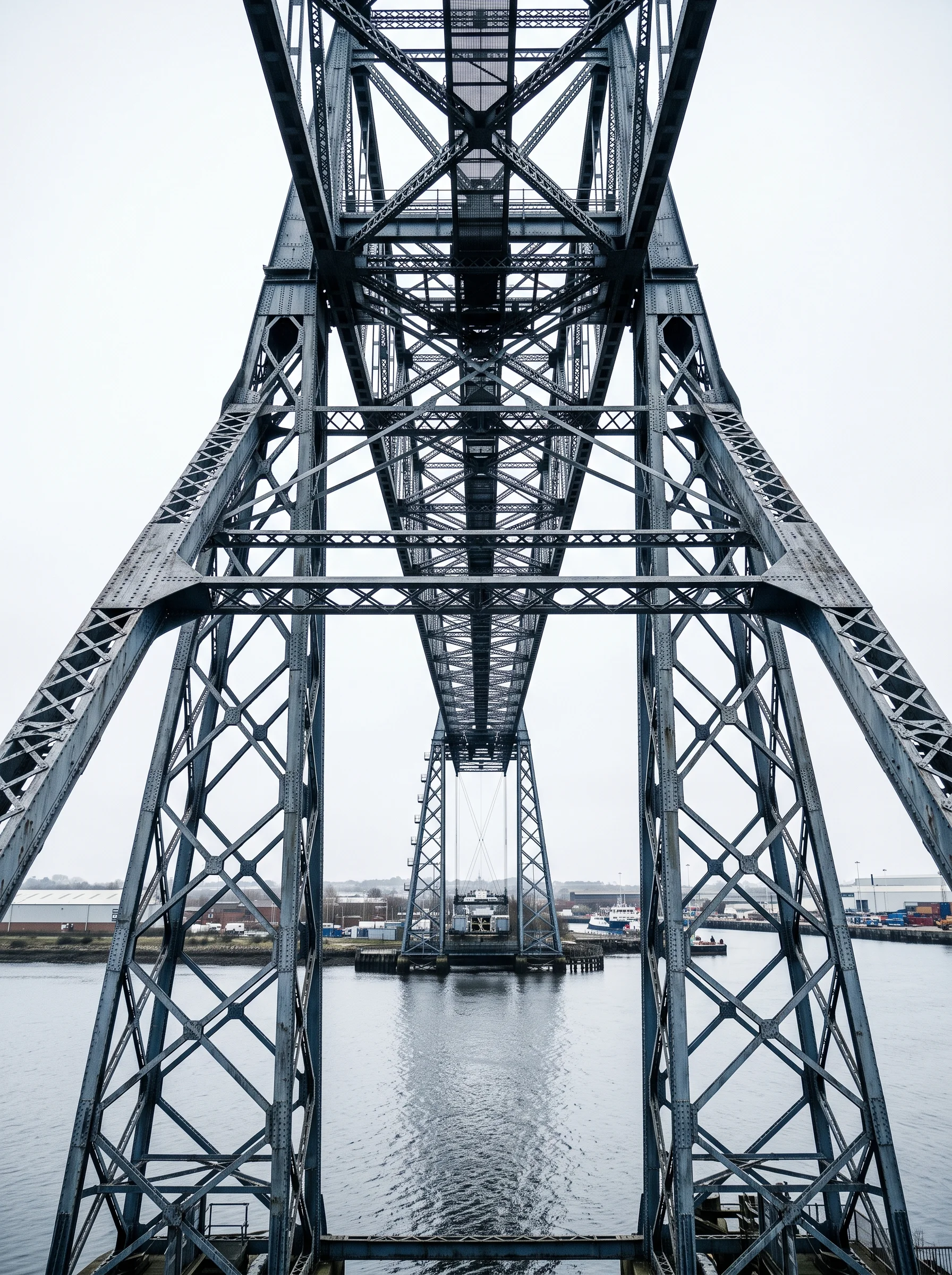 Riveted steel transporter bridge lattice photographed frontally across grey water under an overcast white sky