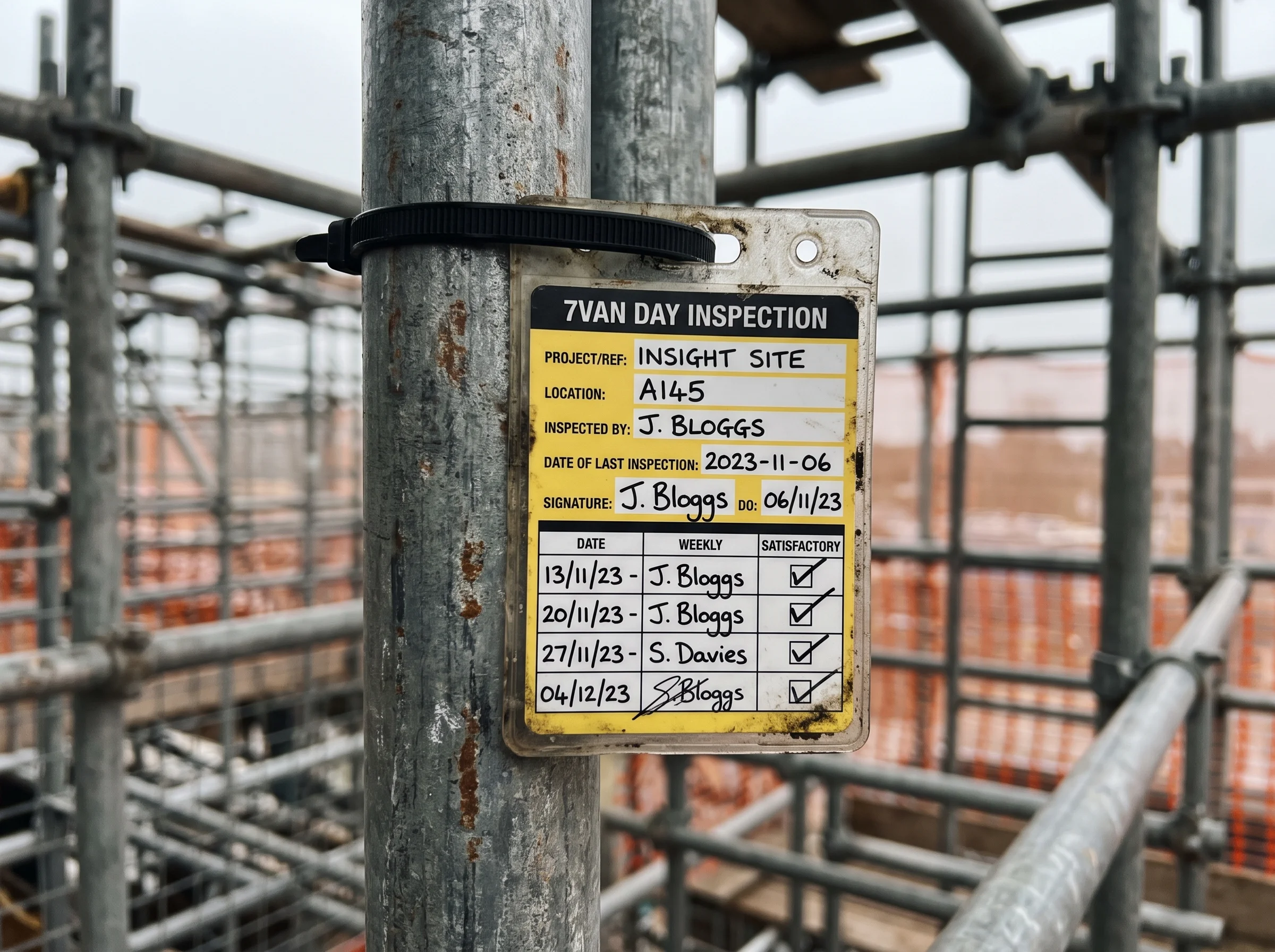Signed seven-day inspection scafftag zip-tied to a wet galvanised scaffold standard