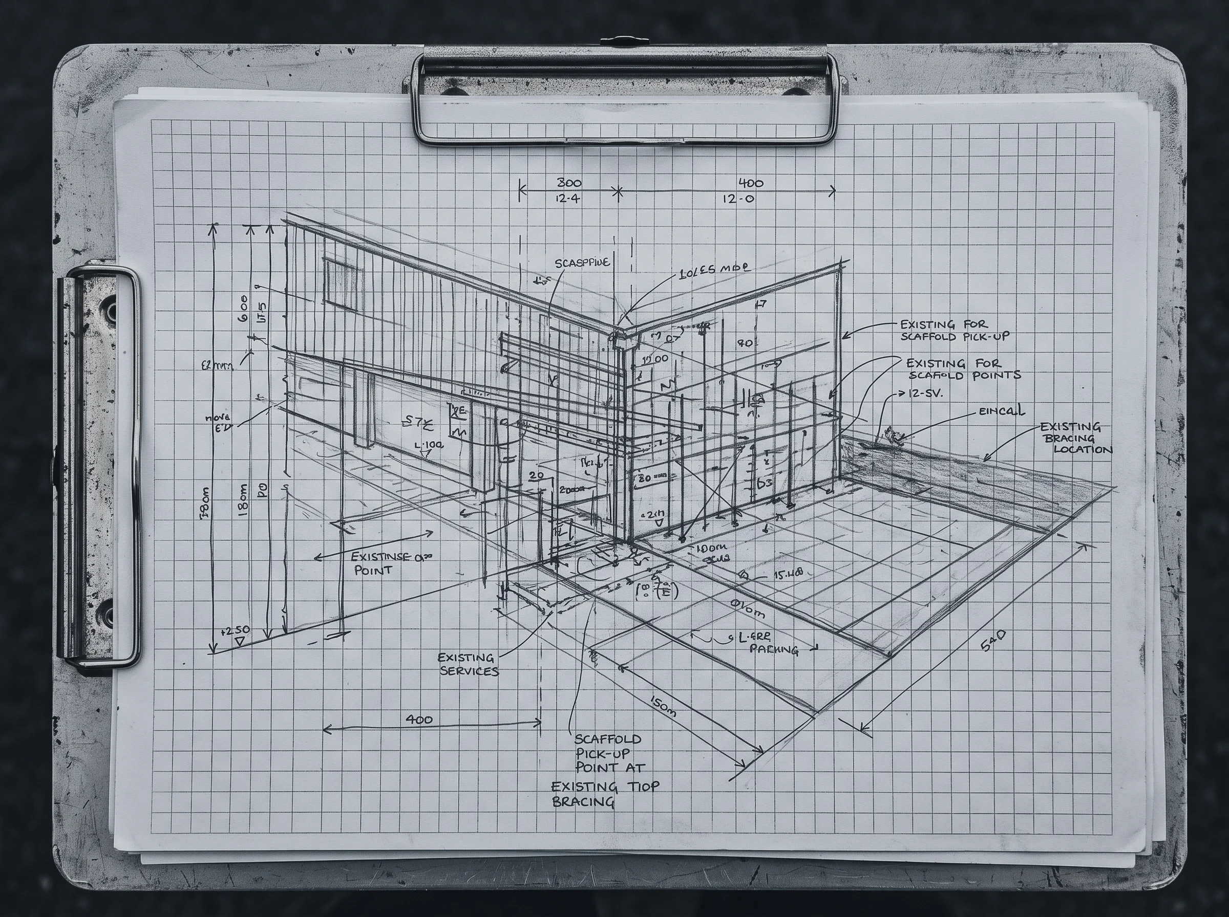 Hand-marked scaffold survey sketch on a clipboard with dimensions and circled tie positions