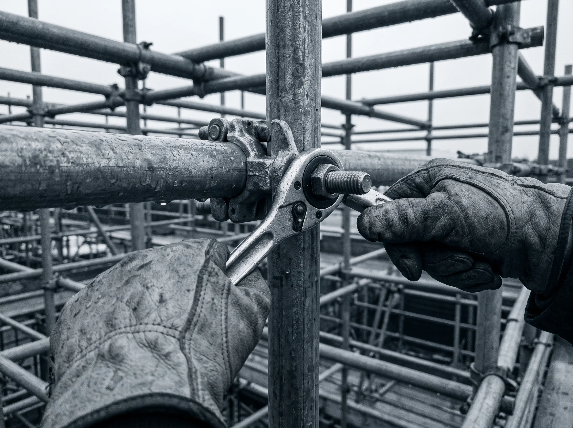 Gloved hands torquing a galvanised coupler onto a scaffold standard with a spanner