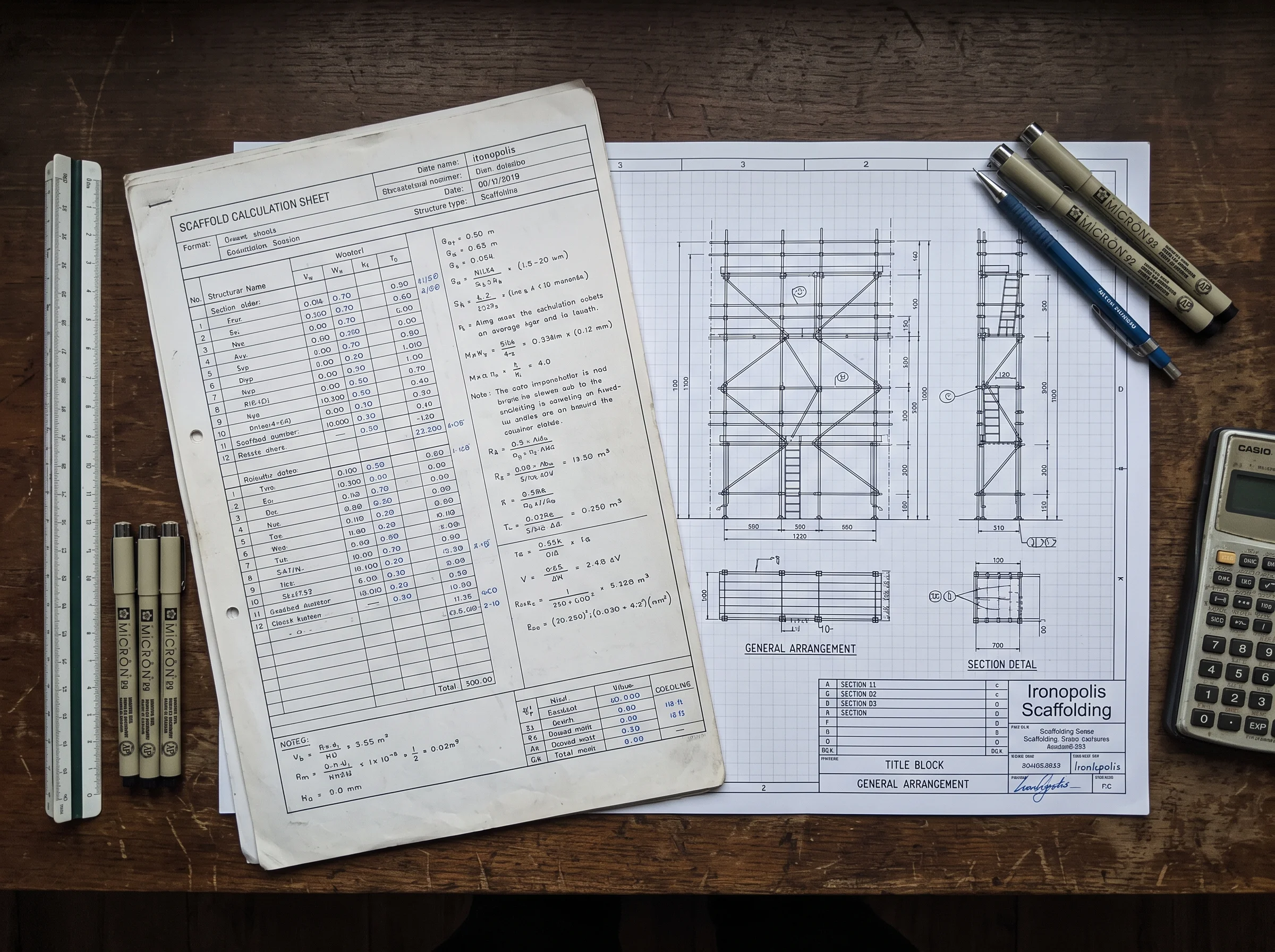 Scaffold calculation sheet and general-arrangement drawing on a drawing-office desk with a scale rule