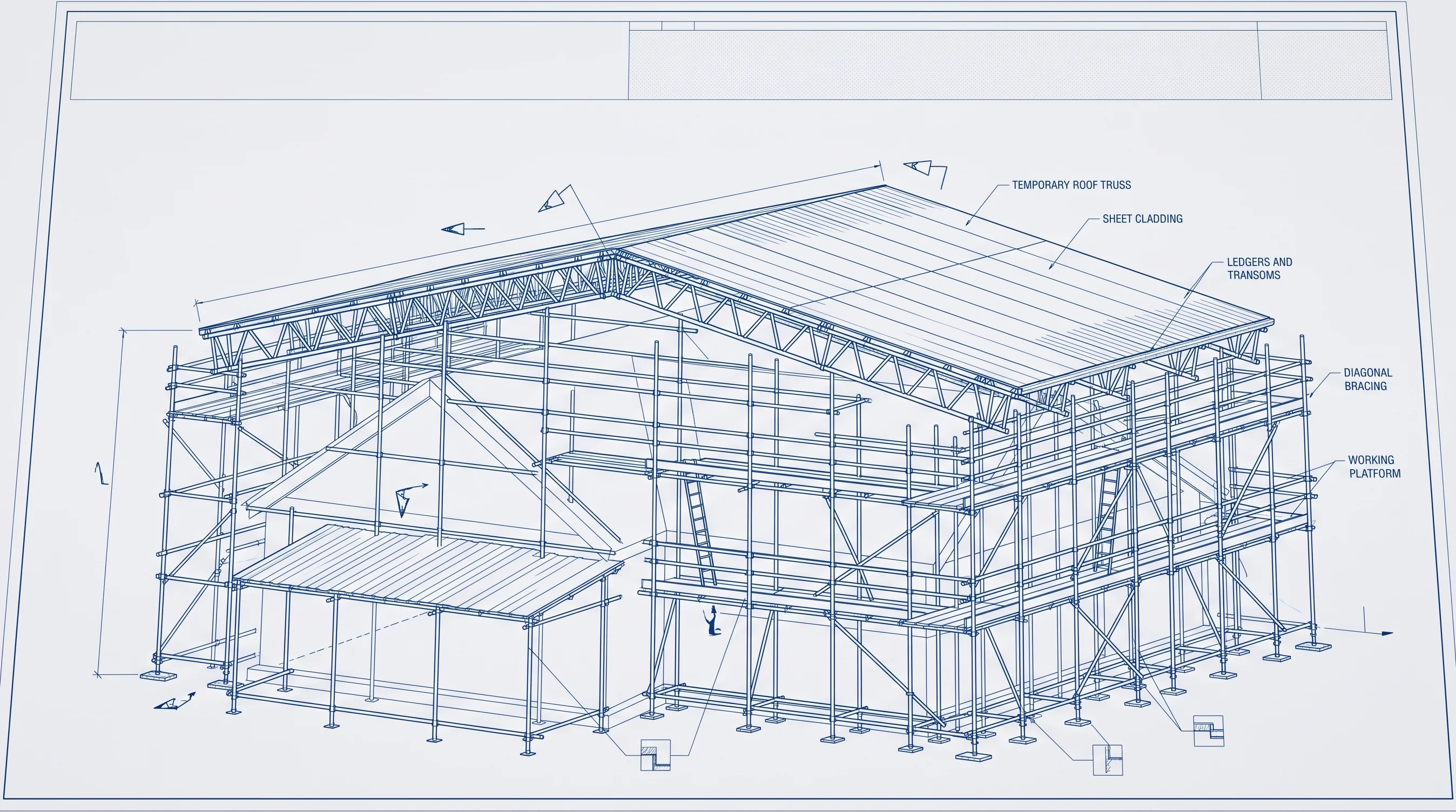 General-arrangement drawing of a trussed temporary roof scaffold with wind-load table and dimensions