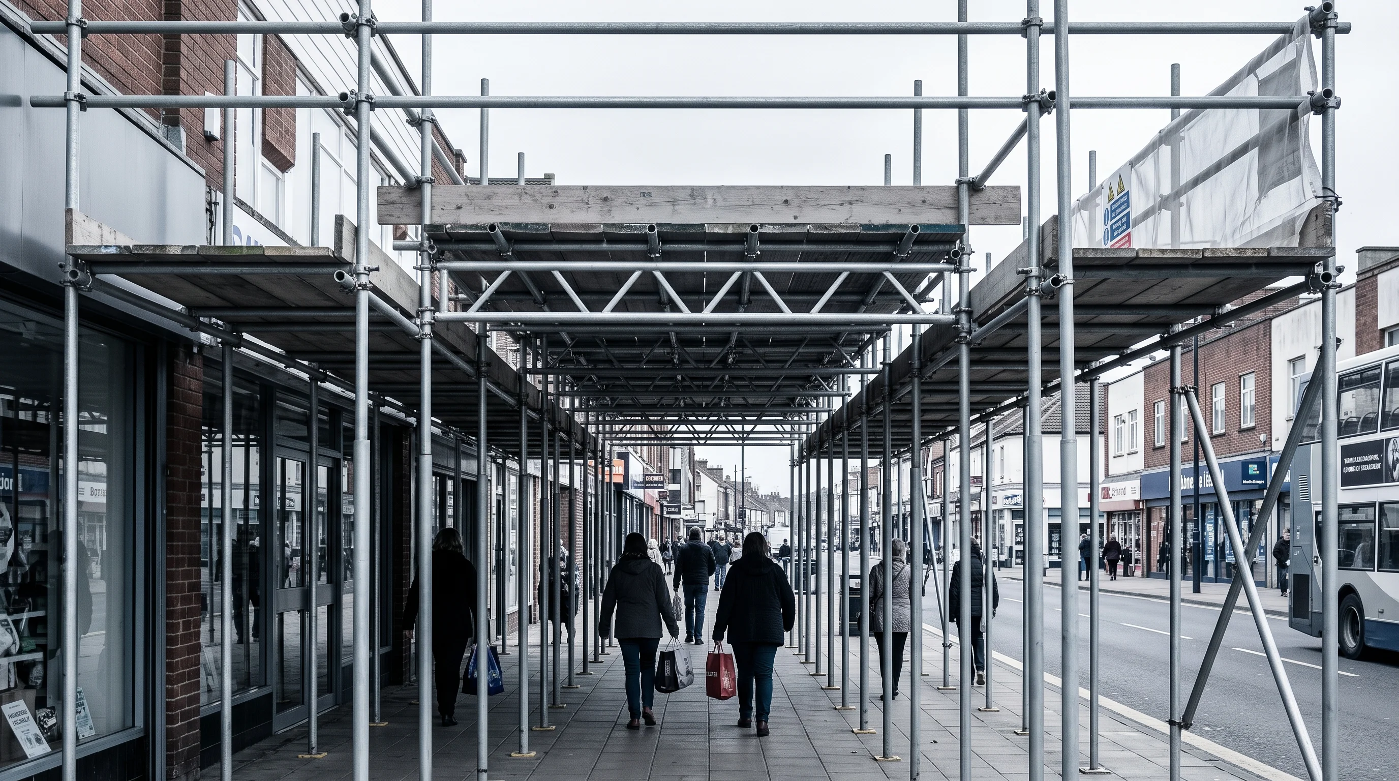 Boarded pavement gantry scaffold protecting a high-street footpath, photographed square-on in flat grey light