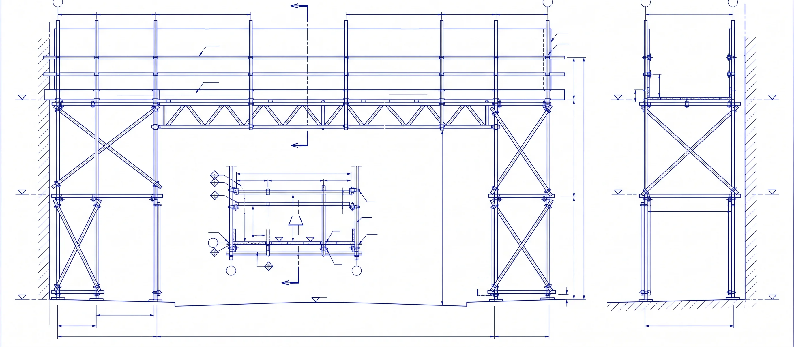 General-arrangement drawing of a pavement gantry scaffold with clearance dimensions and load-class table