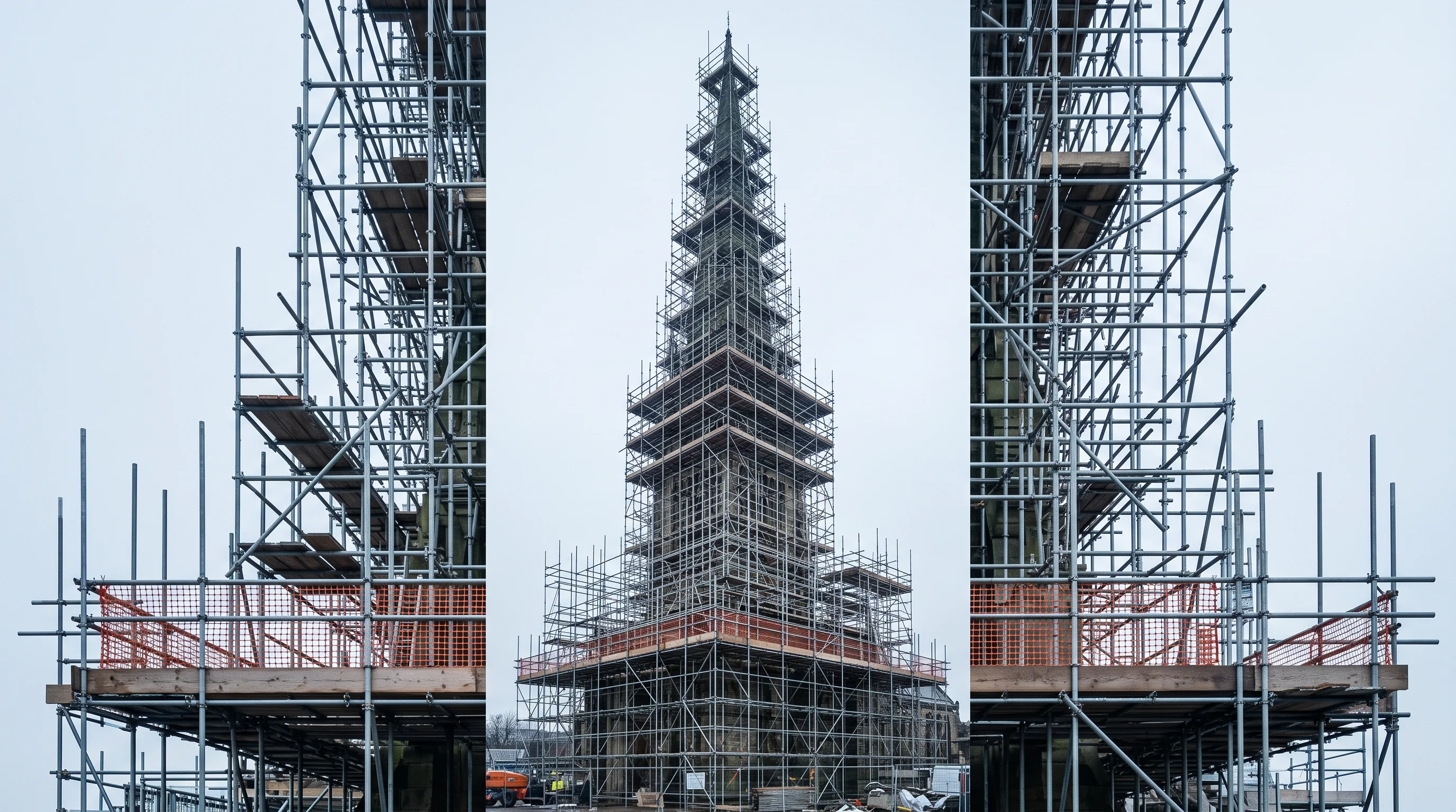 Church spire fully wrapped in silver tube-and-fitting scaffolding against an overcast white sky