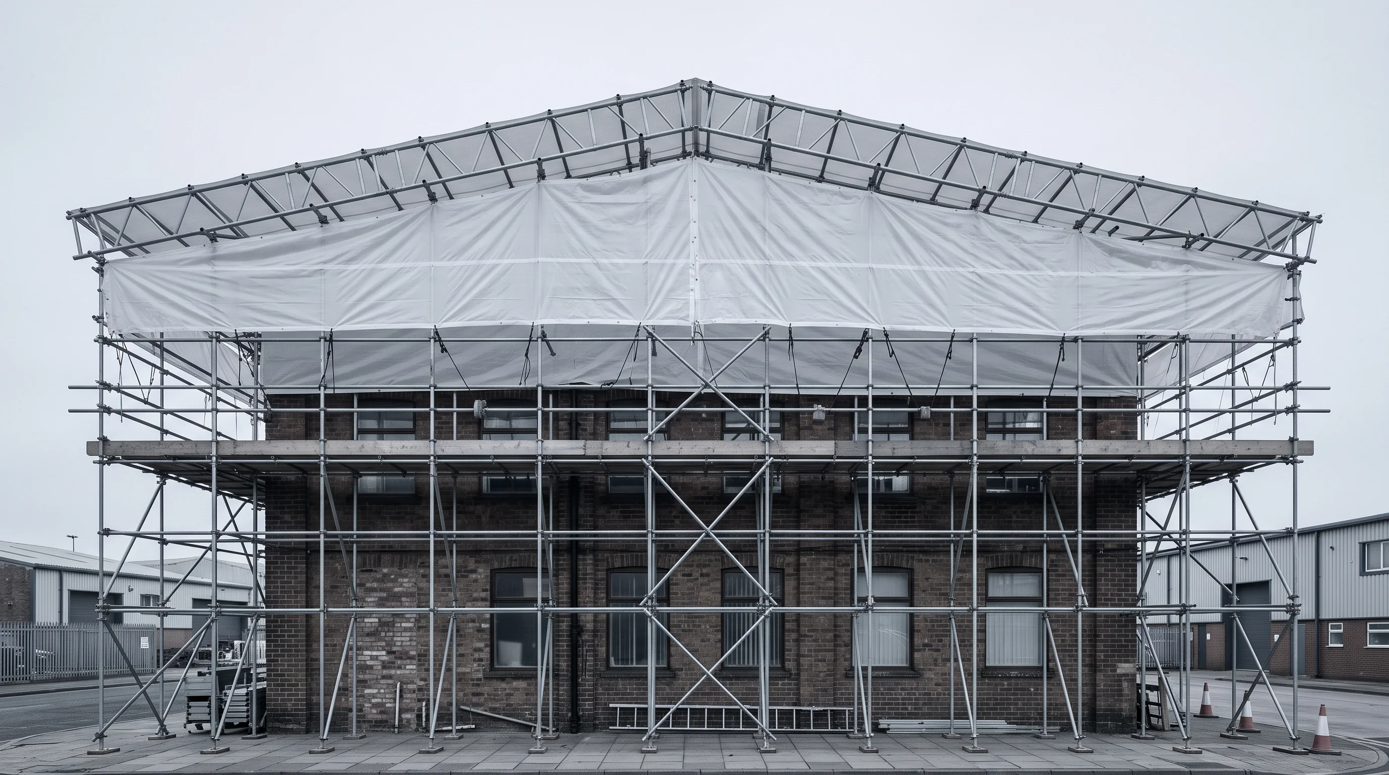 Scaffold with white sheeted temporary roof spanning a brick building, photographed square-on under a grey sky