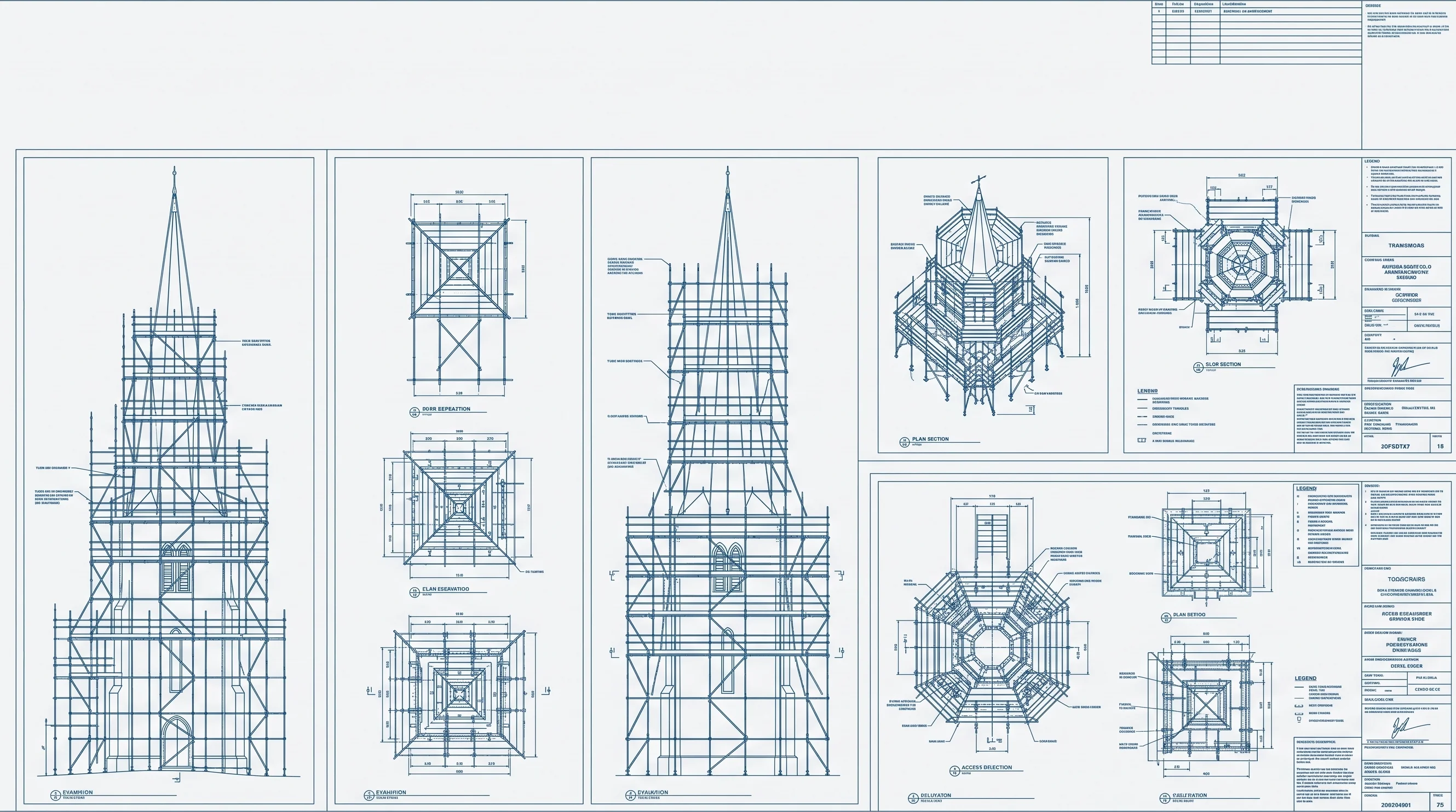 General-arrangement scaffold drawing of a church spire access scaffold with dimension lines, load notes and title block