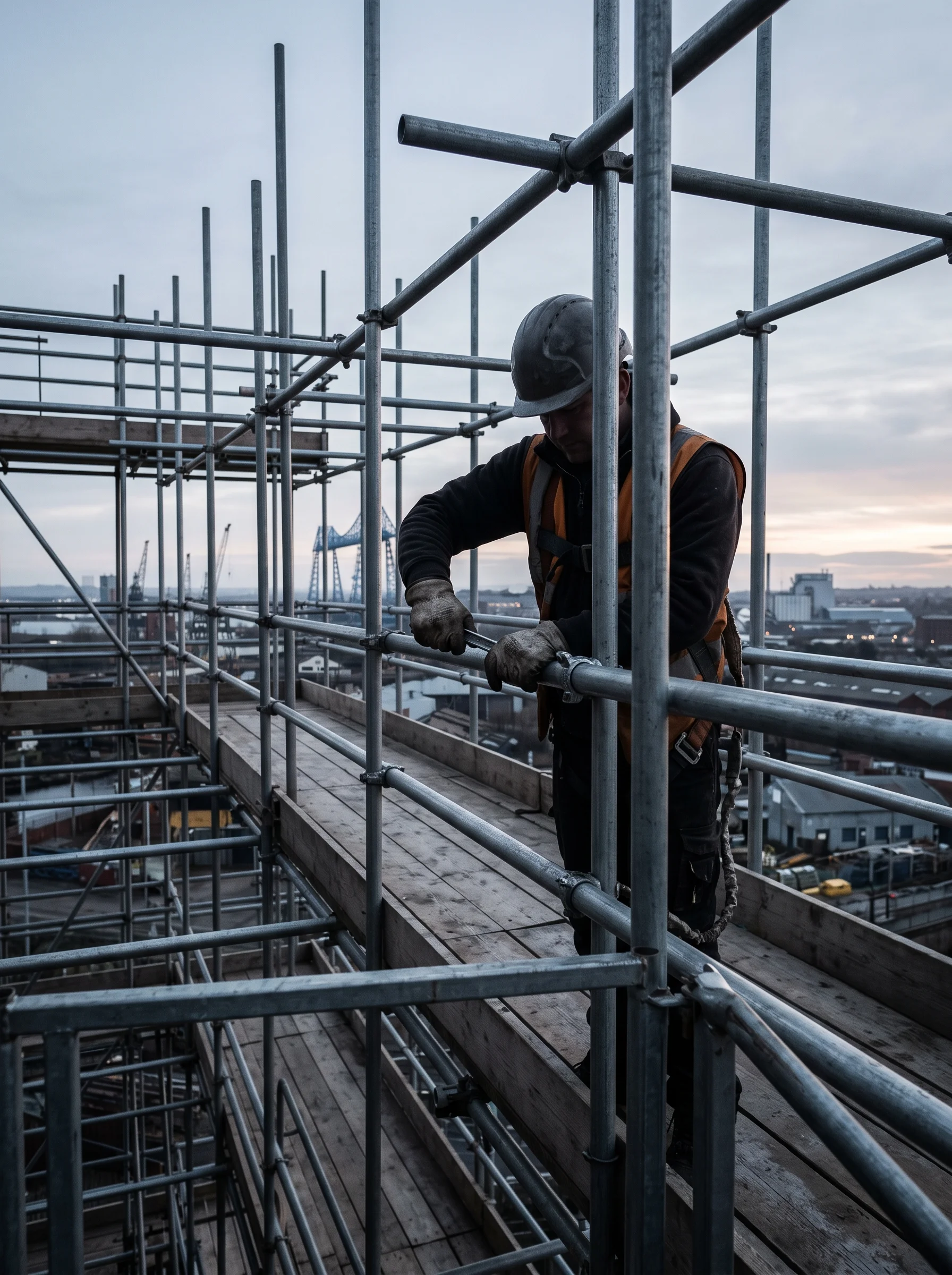 Scaffolder silhouetted at height against a pale dawn sky, torquing a fitting on a standard