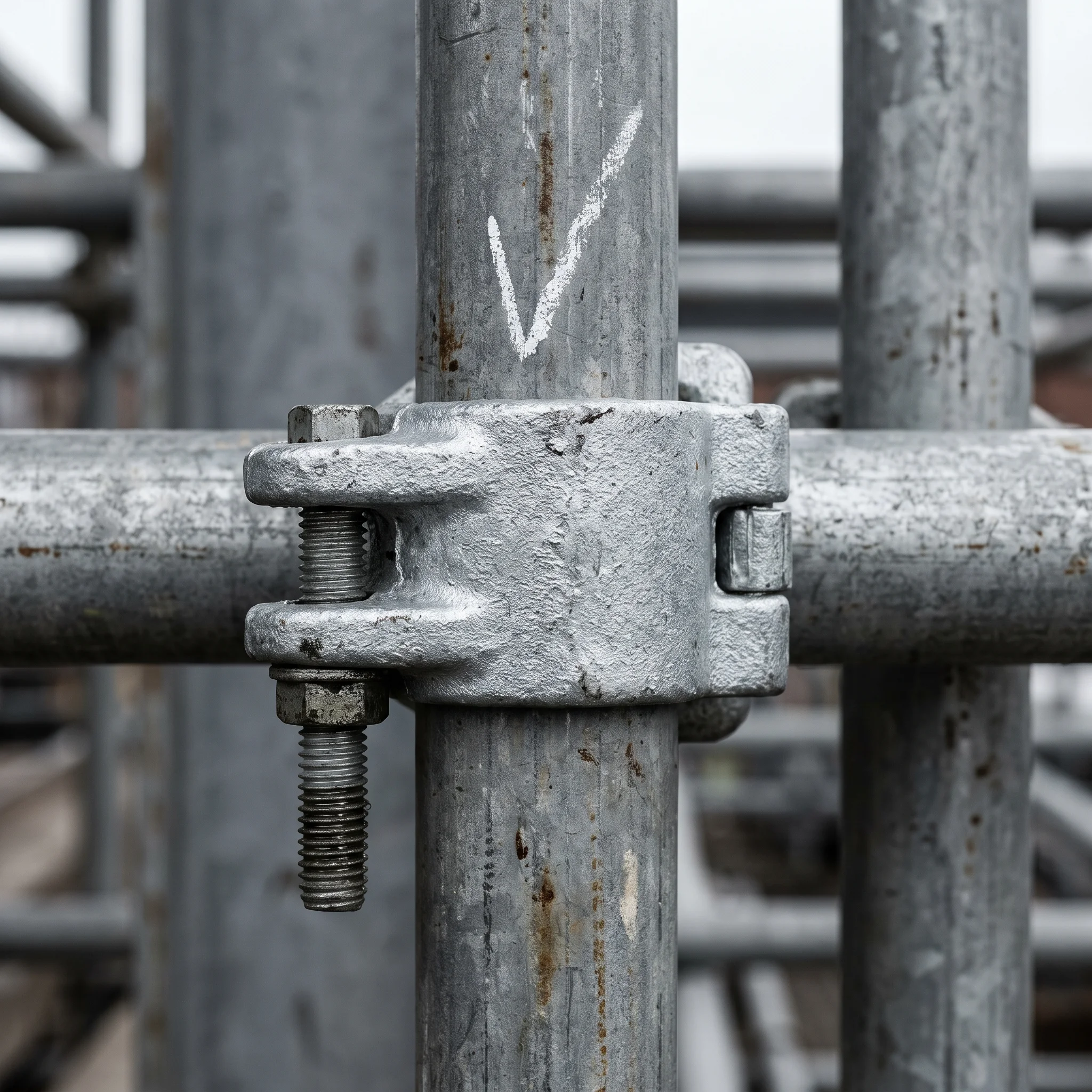 A close-up view of a galvanised scaffold coupler and wet-threaded bolt joining metal tubes.